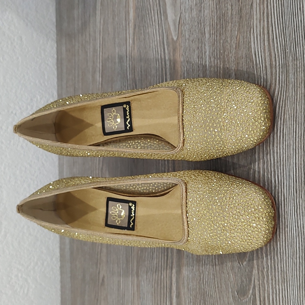 Like New NINA Sparkly Gold Pumps Shoes Heels Leather Soles 7.5 - Picture 2 of 13